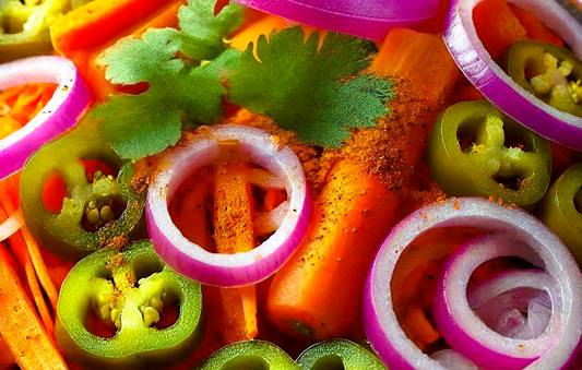 Carrots, red onions & jalapeno's on a sheet pan.